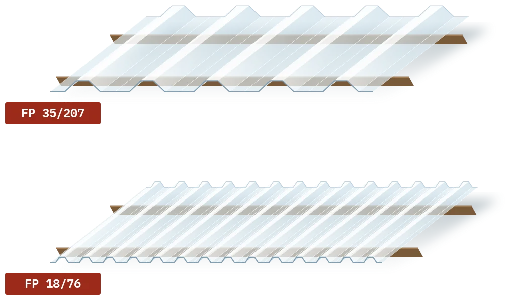 Lichtplatten im Trapezprofil FP 35/207 und FP 18/76, farblos und lichtdurchlässig